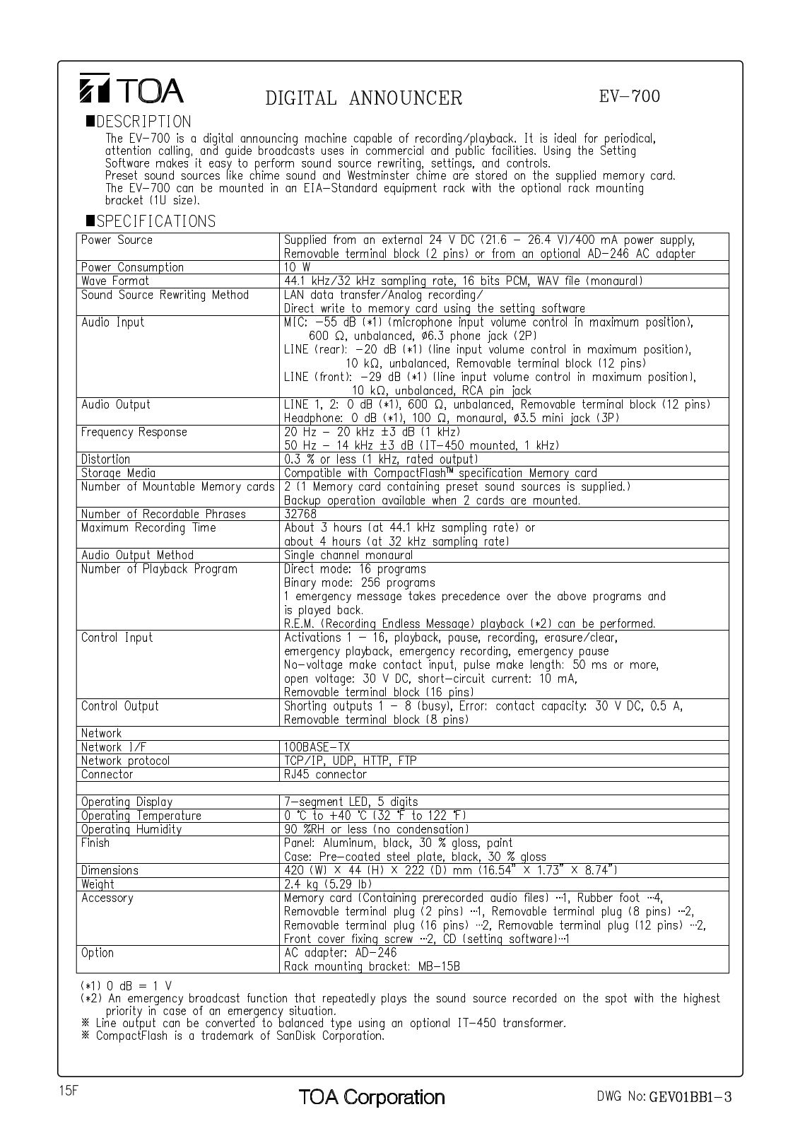 TOA EV-700PS Specifications