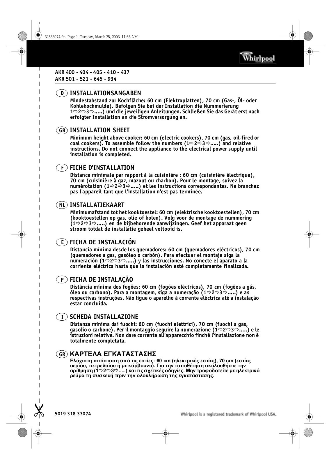 Whirlpool AKR 934 NB, AKR 437 AV, AKR 400 AL, AKR 400 ME, AKR 934 IX INSTRUCTION FOR USE