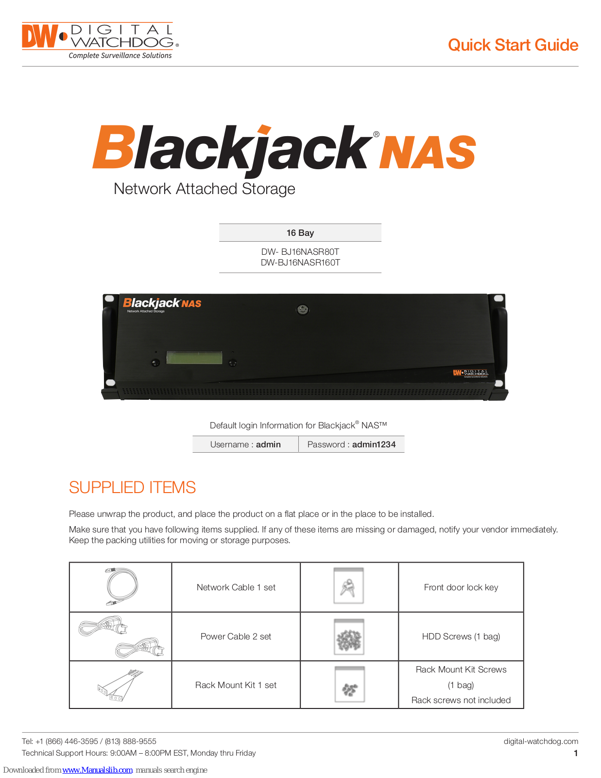 Digital Watchdog Blackjack DW-BJ16NASR80T, Blackjack DW-BJ16NASR160T Quick Start Manual