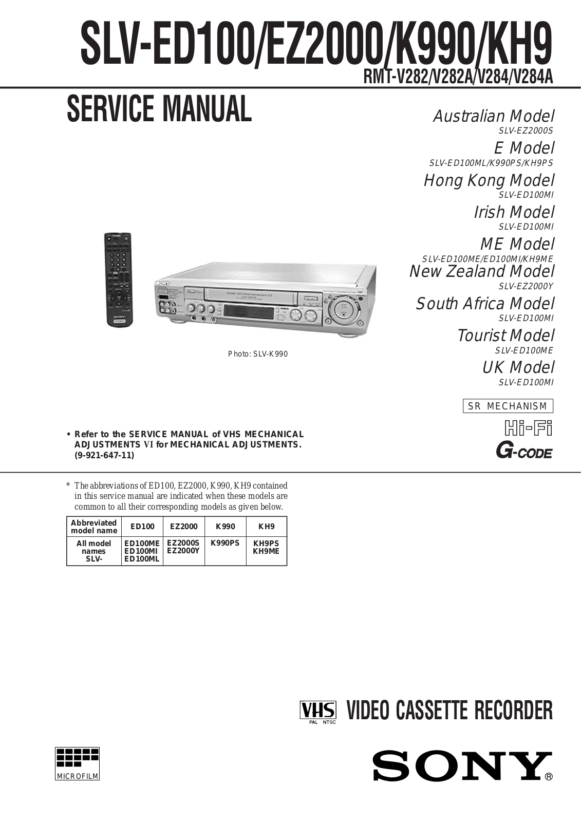Sony SLV-ED100ME, SLV-ED100MI, SLV-ED100ML, SLV-EZ2000S, SLV-EZ2000Y Service Manual