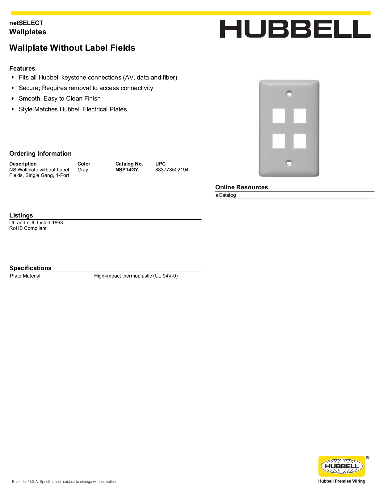 Hubbell NSP14GY Specifications