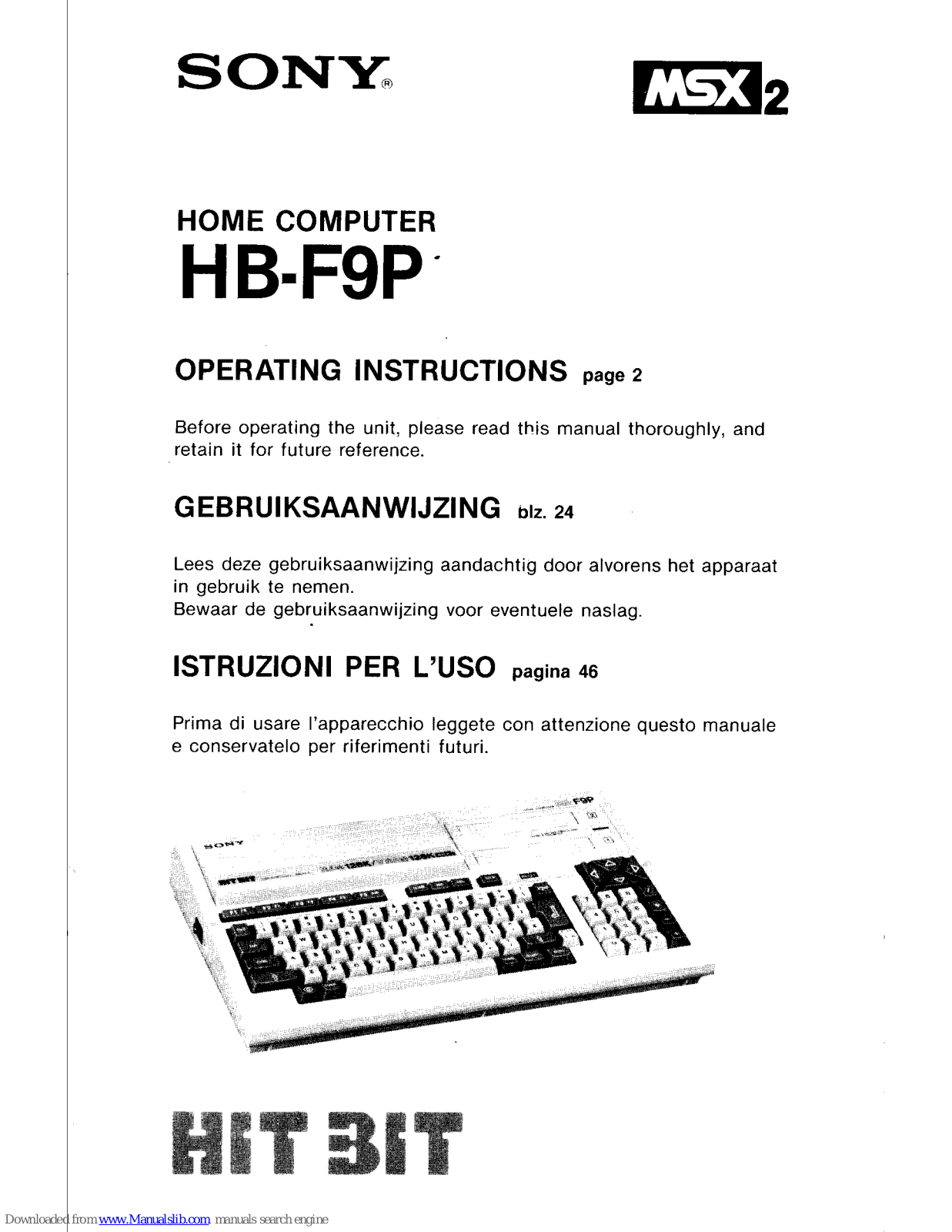 Sony MSX2 HB-F9P Hit Bit Operating Instructions Manual