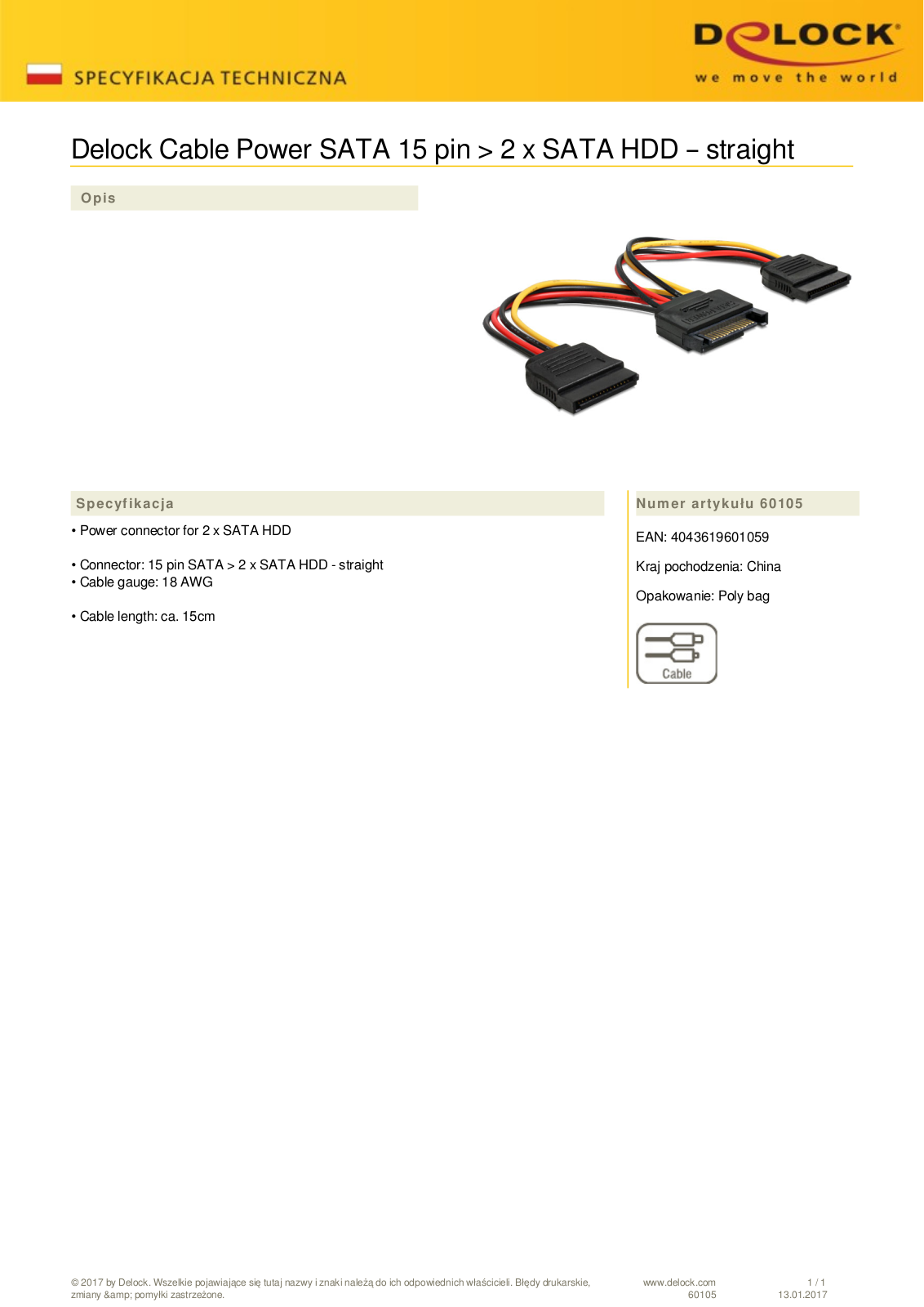 DeLOCK SATA-power adapter 15-Pin  SATA  on 2x 15-Pin  SATA , Y cable User Manual