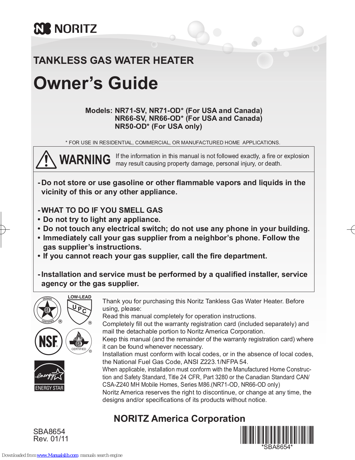 Noritz NR71-SV, NR66-OD, NR71-OD, NR50-OD, NR66-SV Owner's Manual