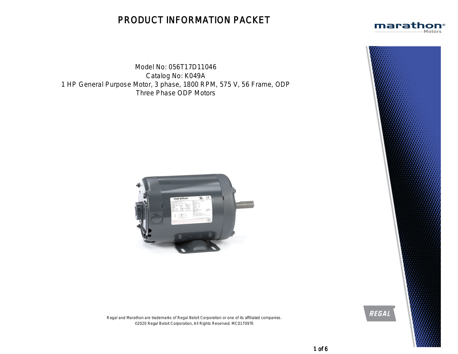 Marathon Electric 056T17D11046 Product Information Packet