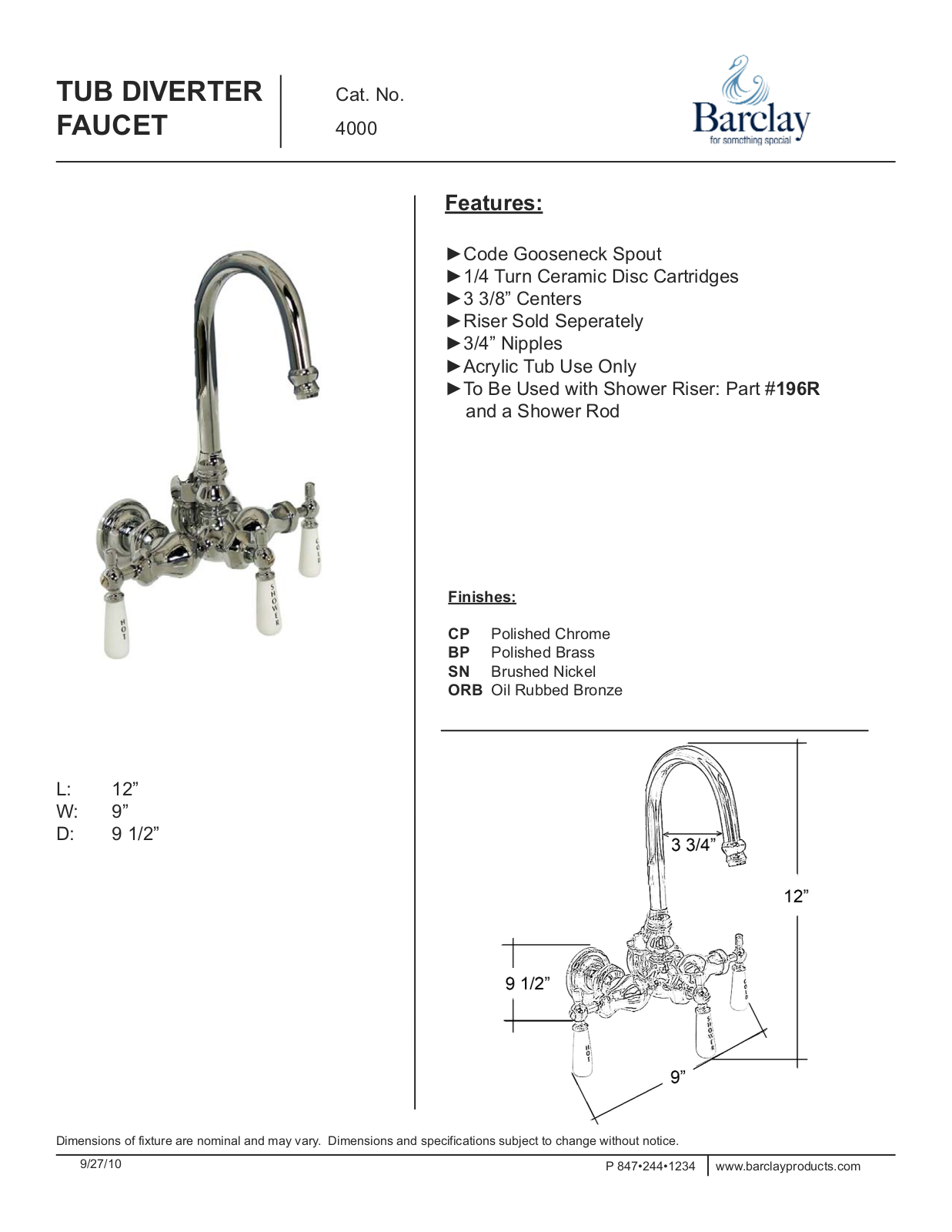 Barclay 4000PLSN, 4000PLPB, 4000PLORB, 4000PLCP User Manual