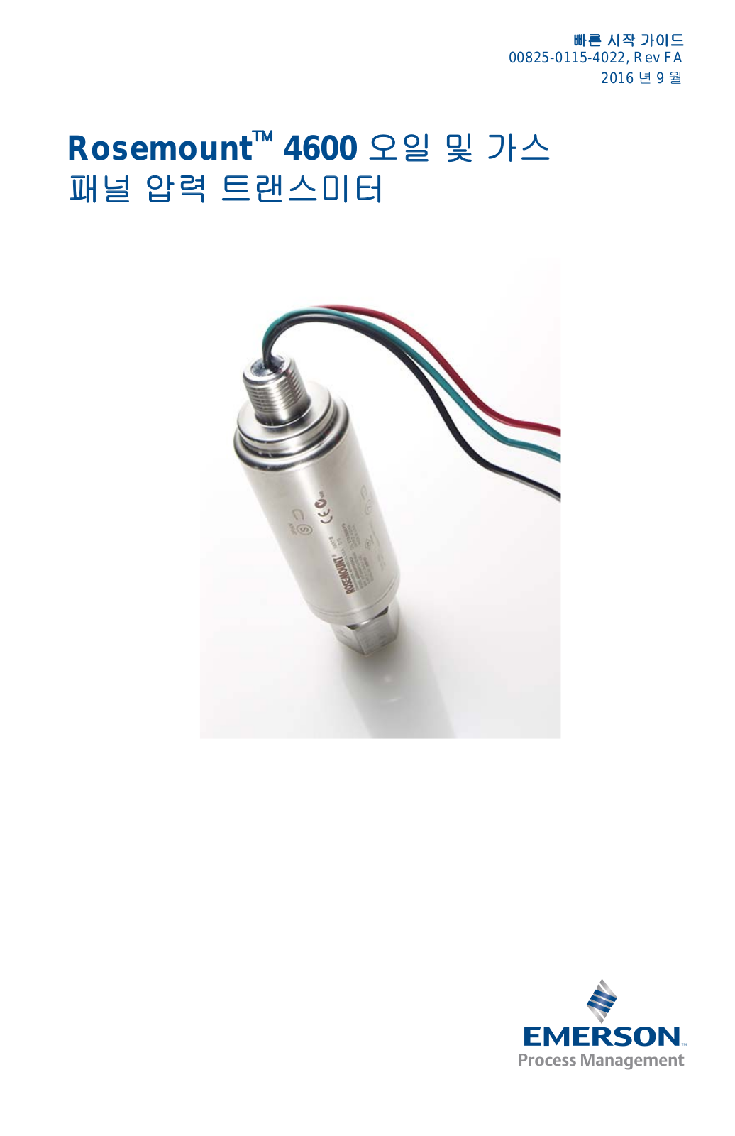 Rosemount 빠른 설치 가이드: Rosemount™ 4600 오일 및 가스 패널 압력 트랜스미터 Manuals & Guides