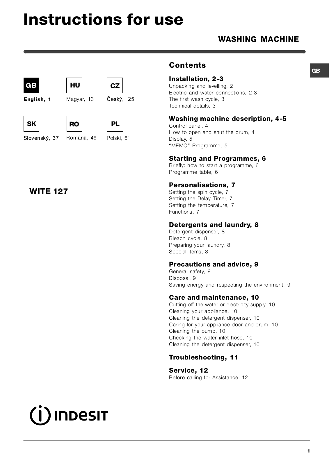 Indesit WITE 127 User Manual