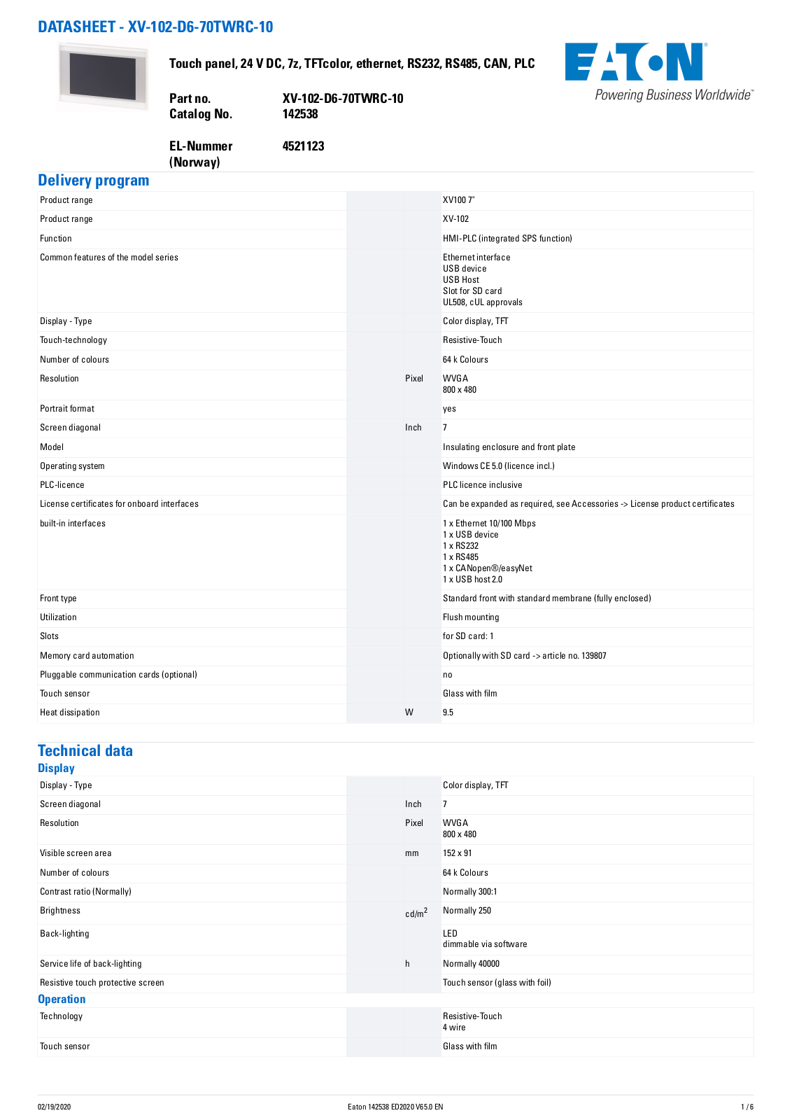 Cutler Hammer, Div of Eaton Corp XV-102-D6-70TWRC-10 Data Sheet