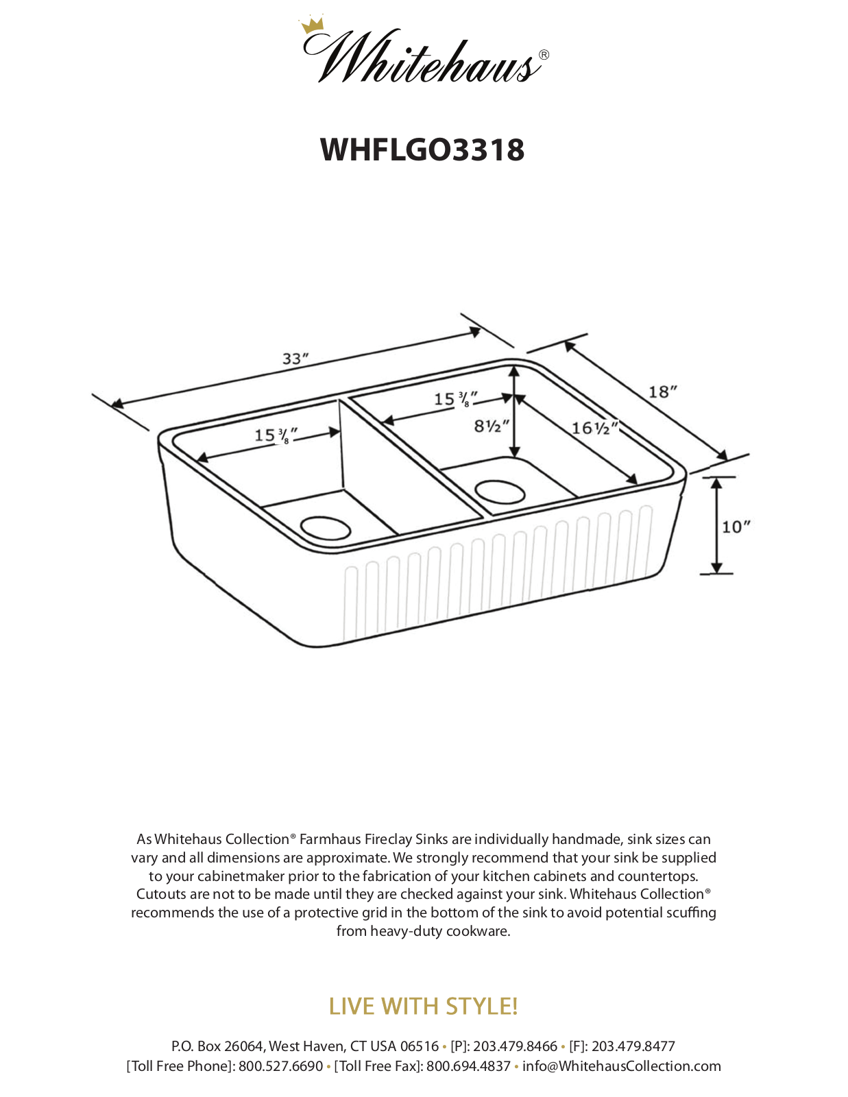 Whitehaus WHFLGO3318WHITE Specifications