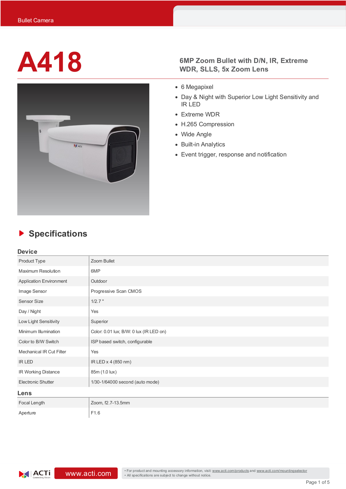 ACTi A418 Specsheet