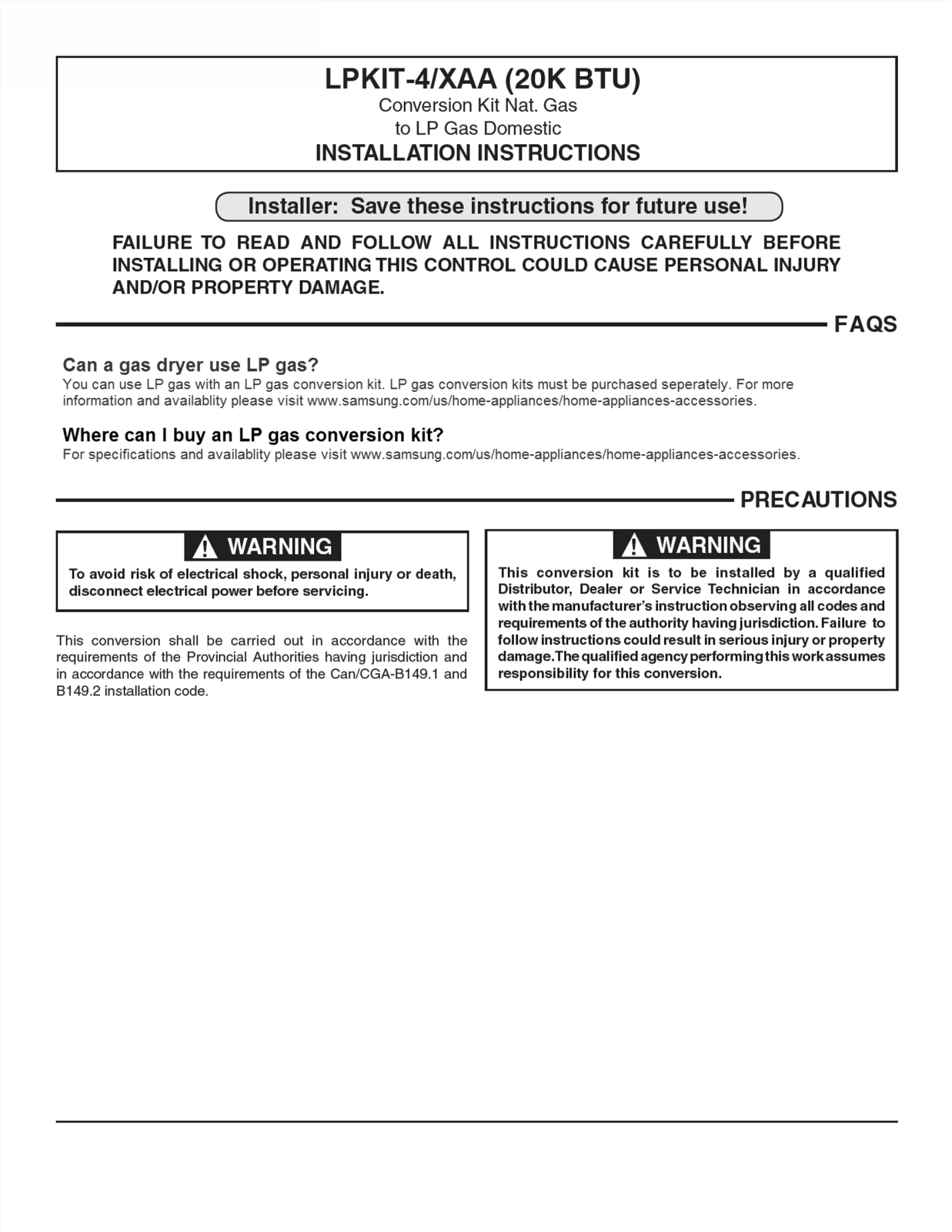 Samsung LPKIT4 INSTALLATION INSTRUCTIONS AND OPERATION MANUAL