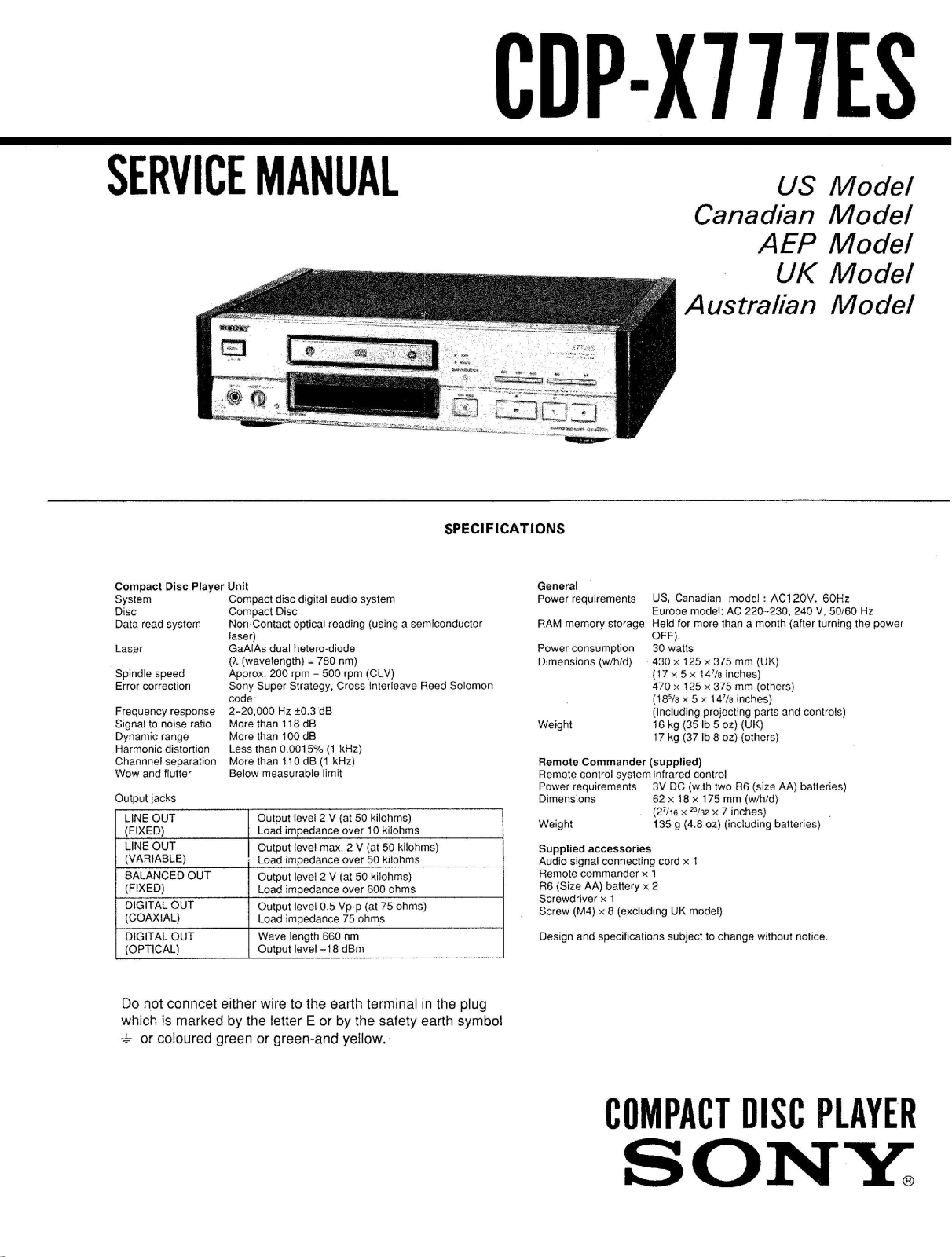 Sony CDP-X777-ES Service Manual