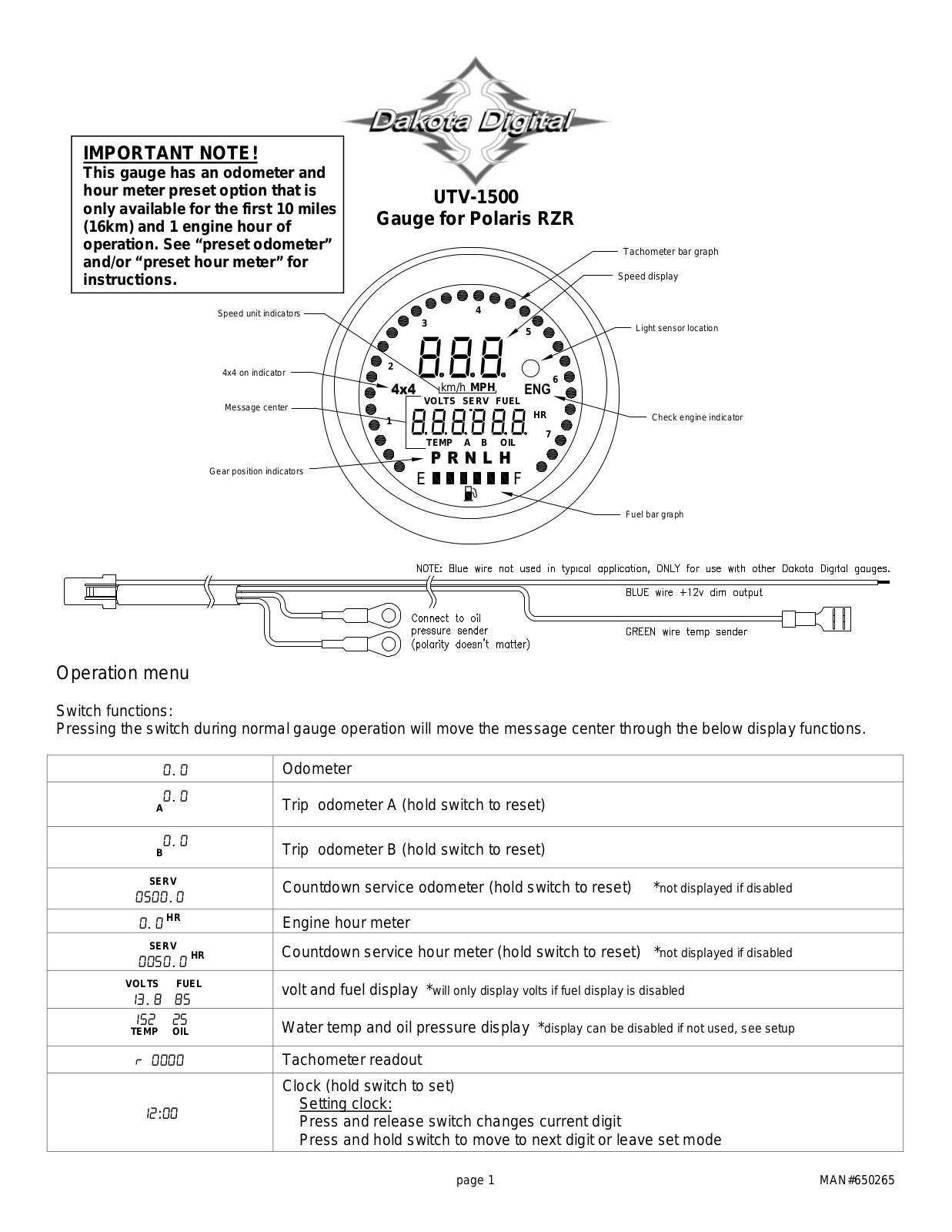 Dakota Digital UTV-1500 User Manual