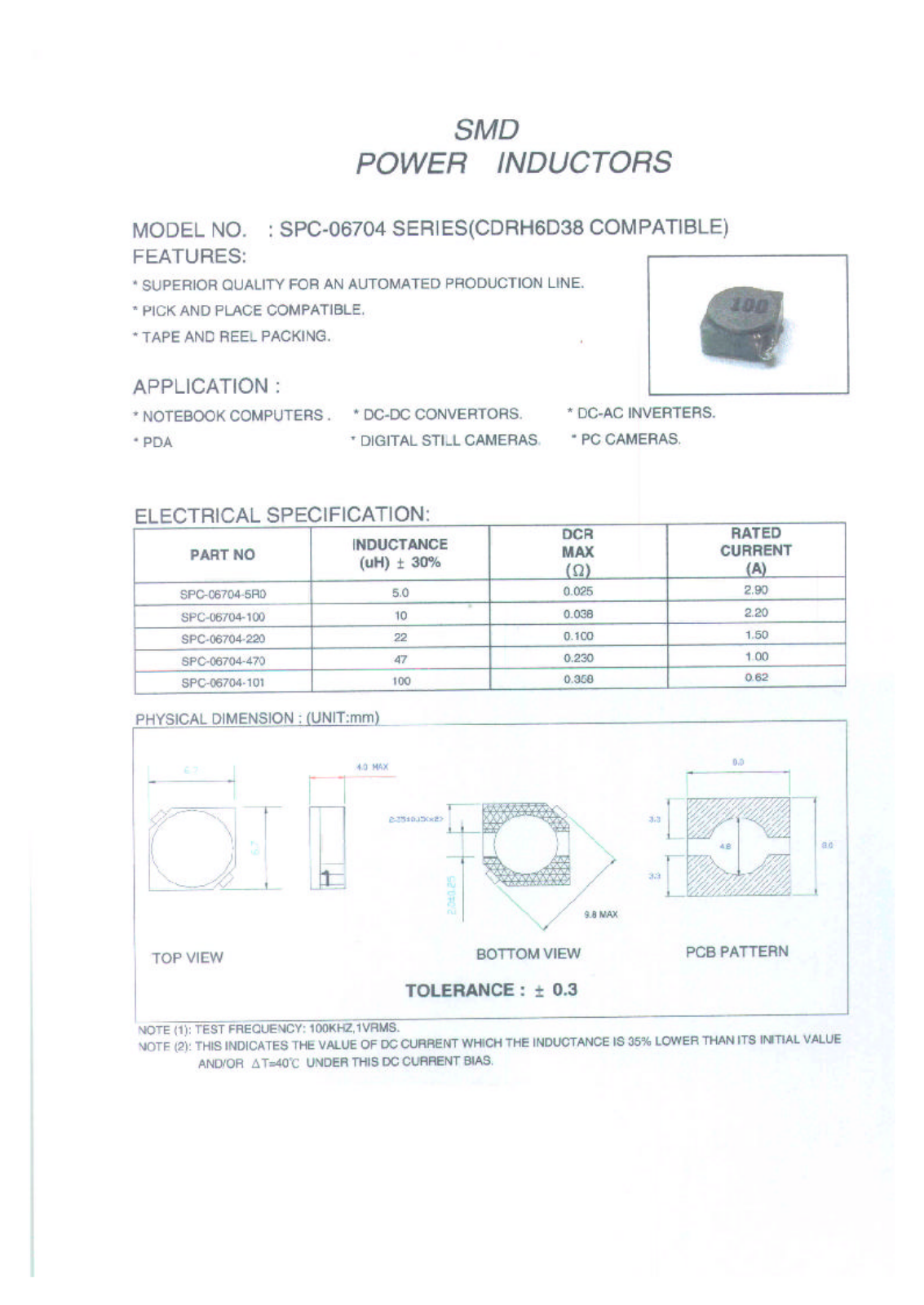 MICRO SPC-06704-100, SPC-06704-101, SPC-06704-220, SPC-06704-470, SPC-06704-5R0 Datasheet