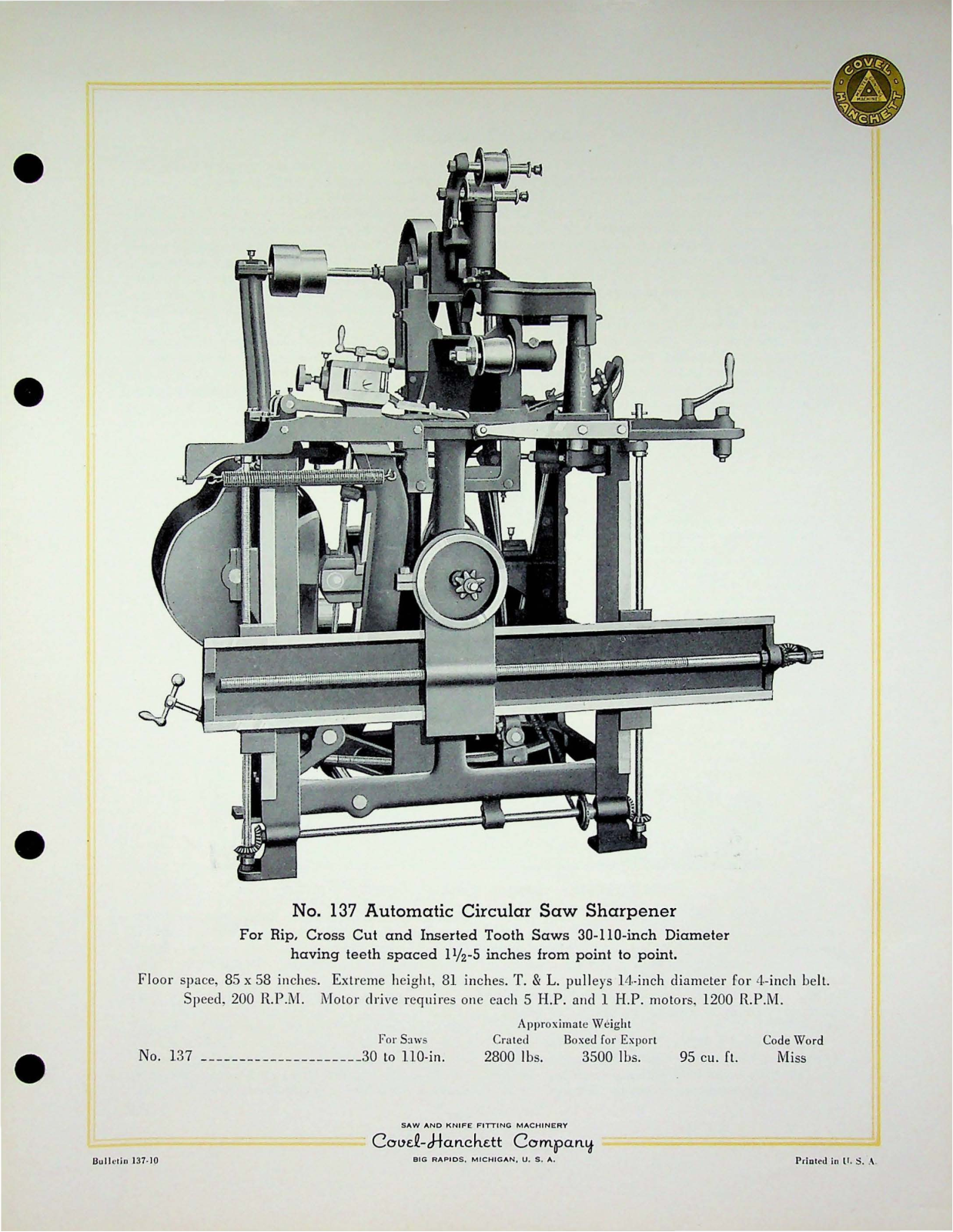 Covel Manufacturing No. 137 Automatic Circular Saw Sharpener Other - ManualMachine.com