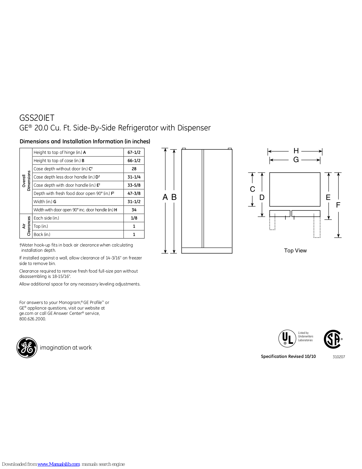 GE GSS20IETWW, GSS20IETBB Dimensions And Installation Information