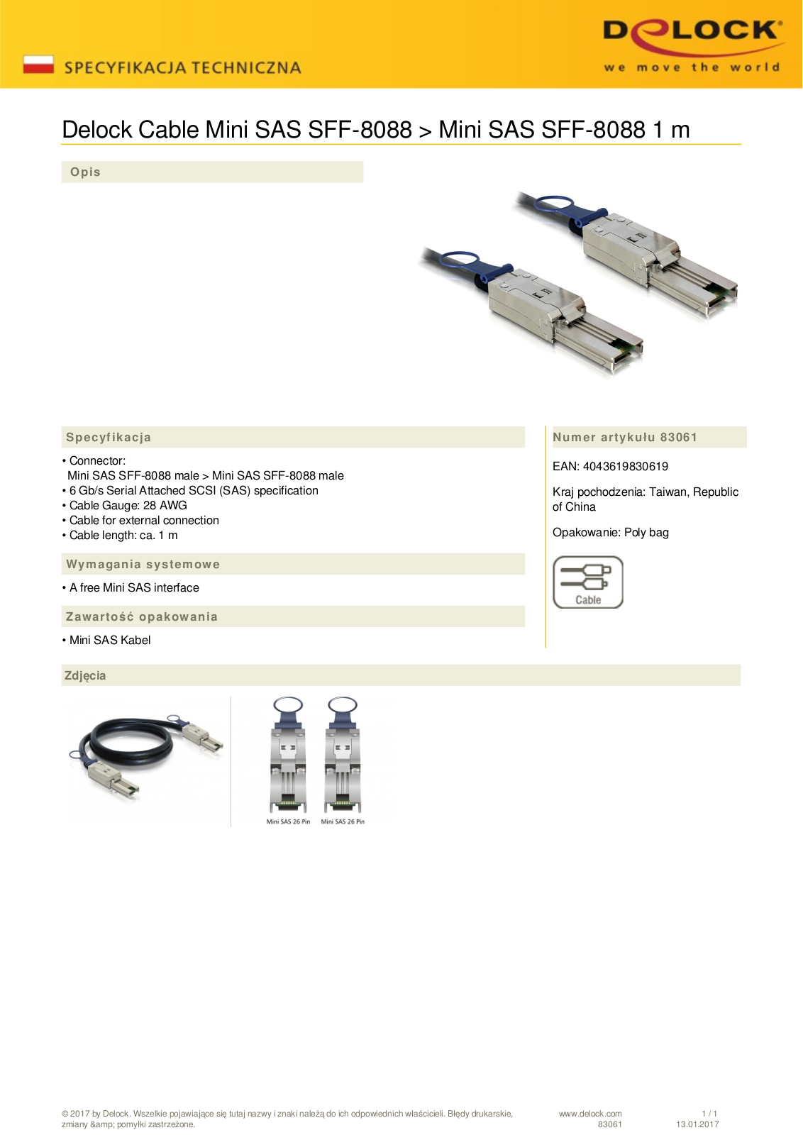 DeLOCK mini SAS x4  SFF-8088  cable, 1m User Manual