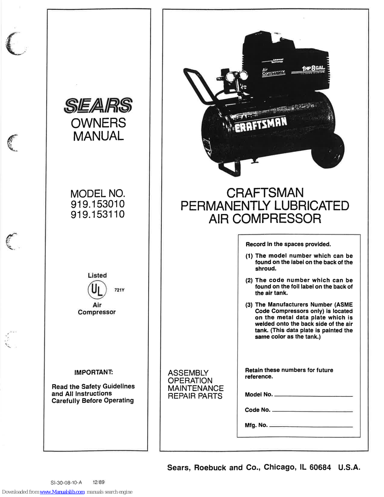 Sears Craftsman 919.153010,Craftsman 919.153110 Owner's Manual