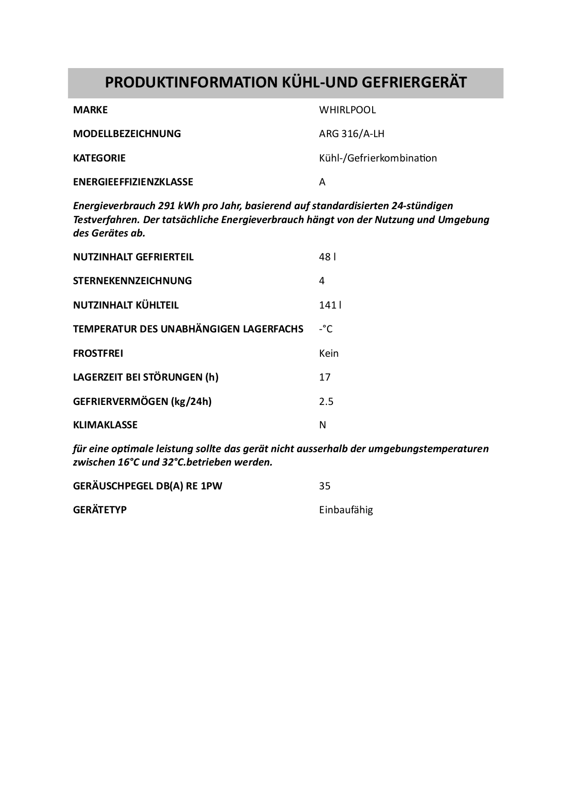 Whirlpool ARG 316/A-LH PRODUCT SHEET