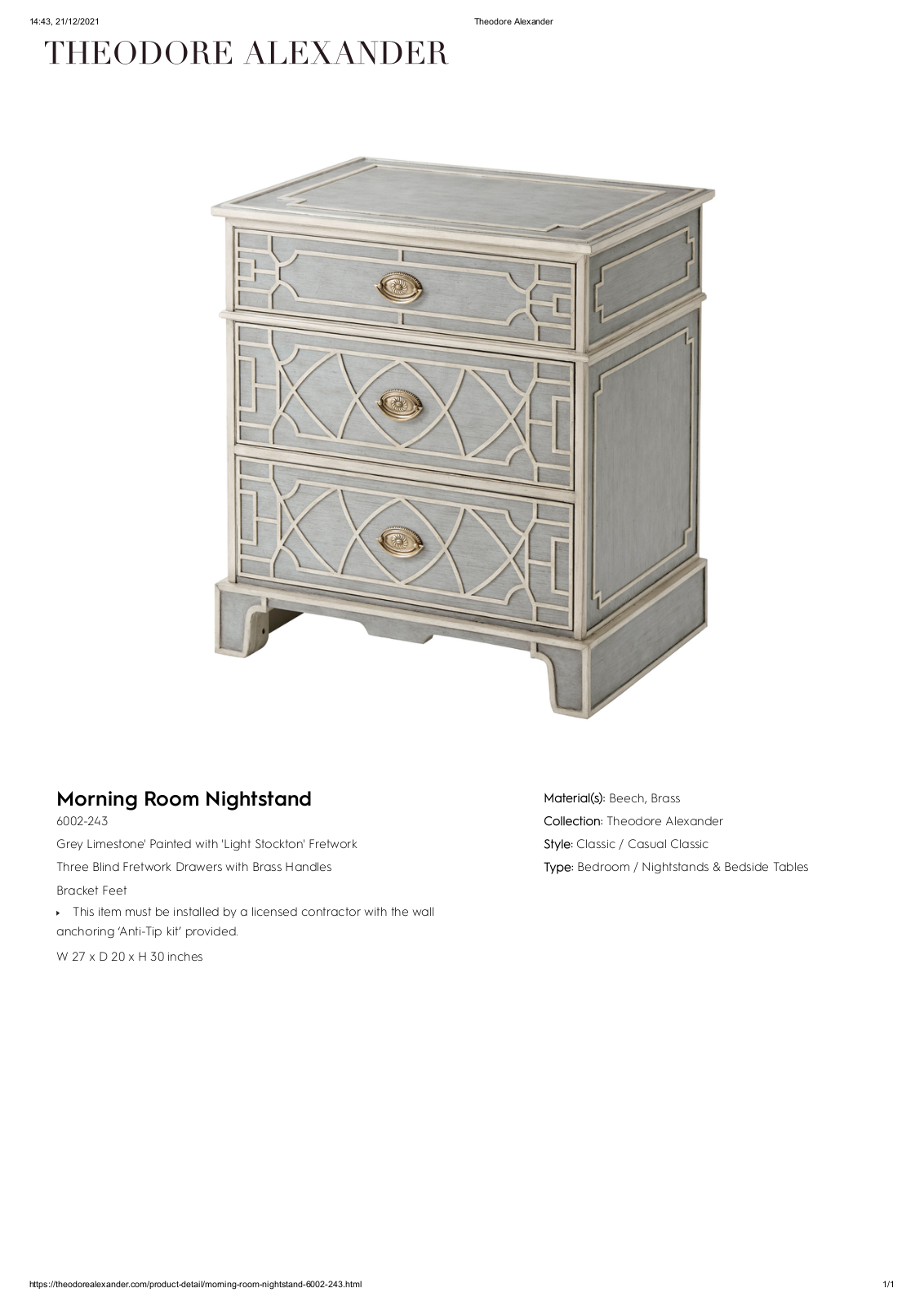 Theodore Alexander FPLJ3065 Specifications - ManualMachine.com