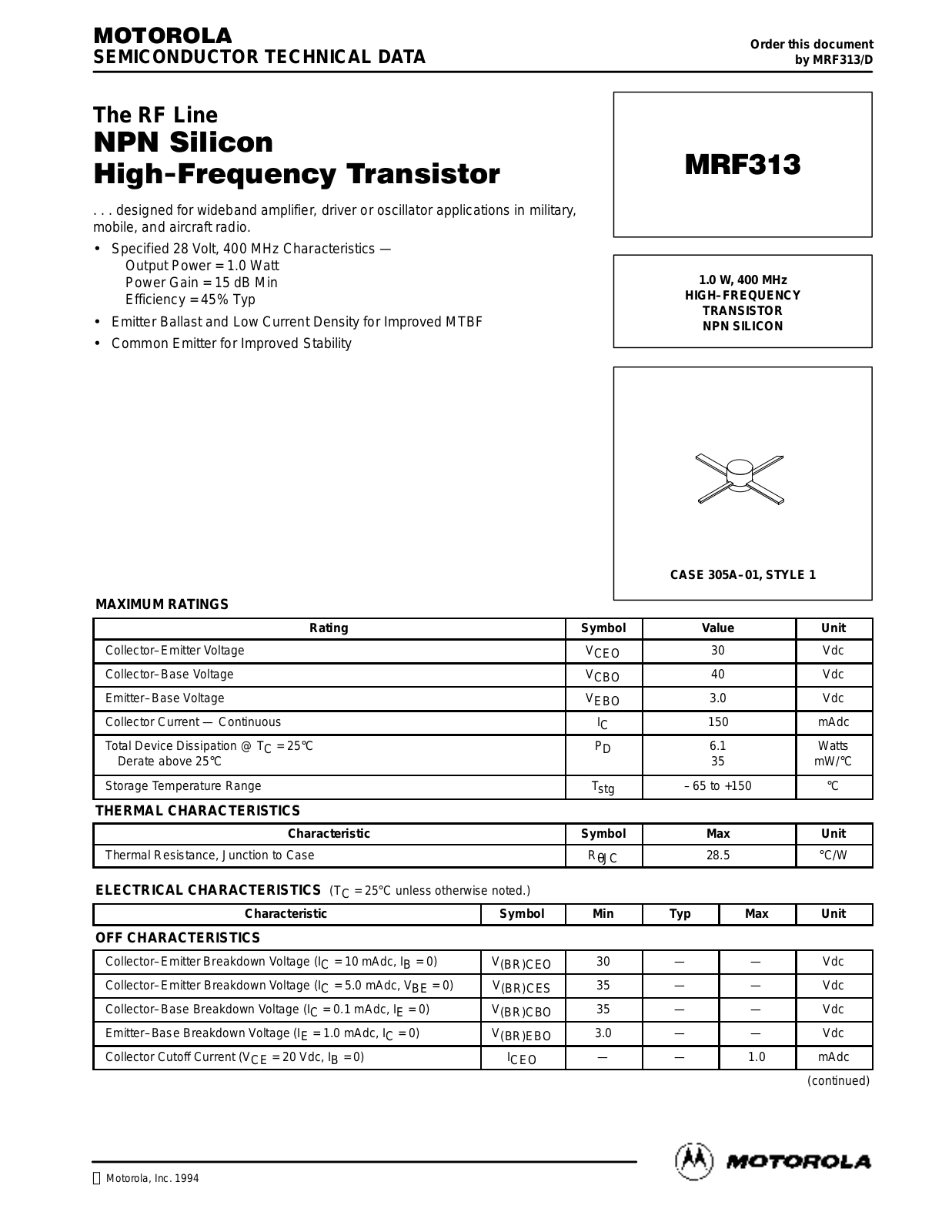 Motorola MRF313 Datasheet