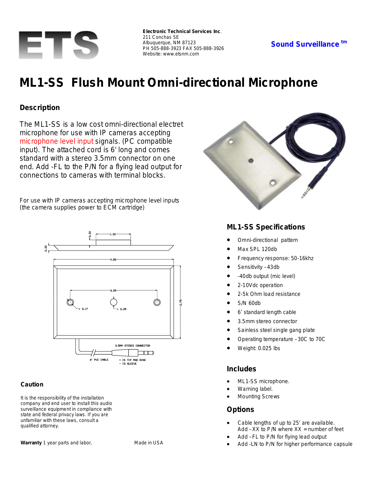 ETS ML1-SS Specsheet