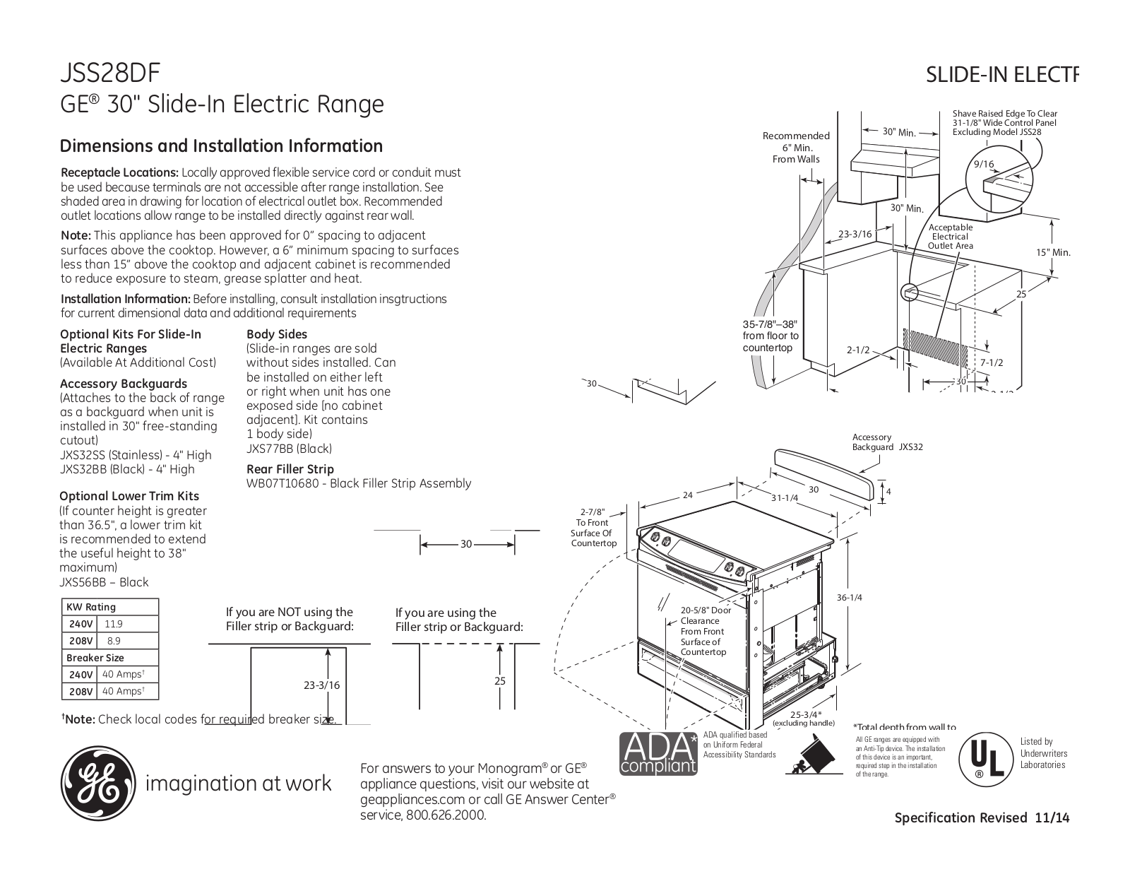 GE JSS28DFWW Specification Sheet