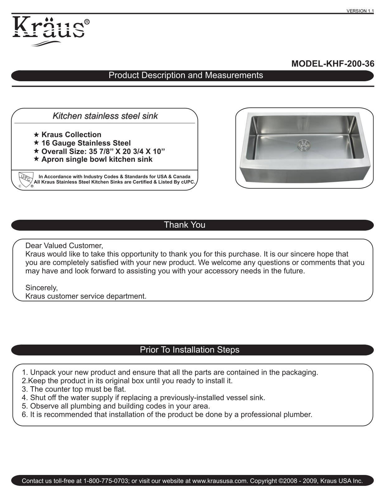 Kraus KHF20036KPF1612KSD30SS, KHF20036 Installation Manual