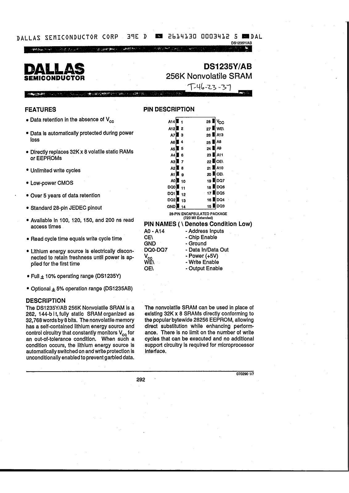 Dallas Semiconductor DS1235Y-200, DS1235Y-150, DS1235Y-120, DS1235Y-100, DS1235AB-200 Datasheet