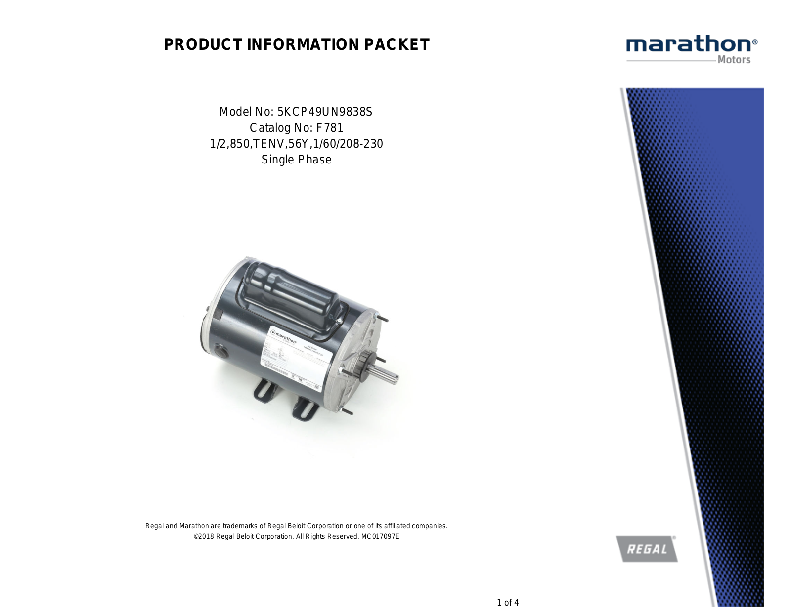 Marathon Electric 5KCP49UN9838S Product Information Packet