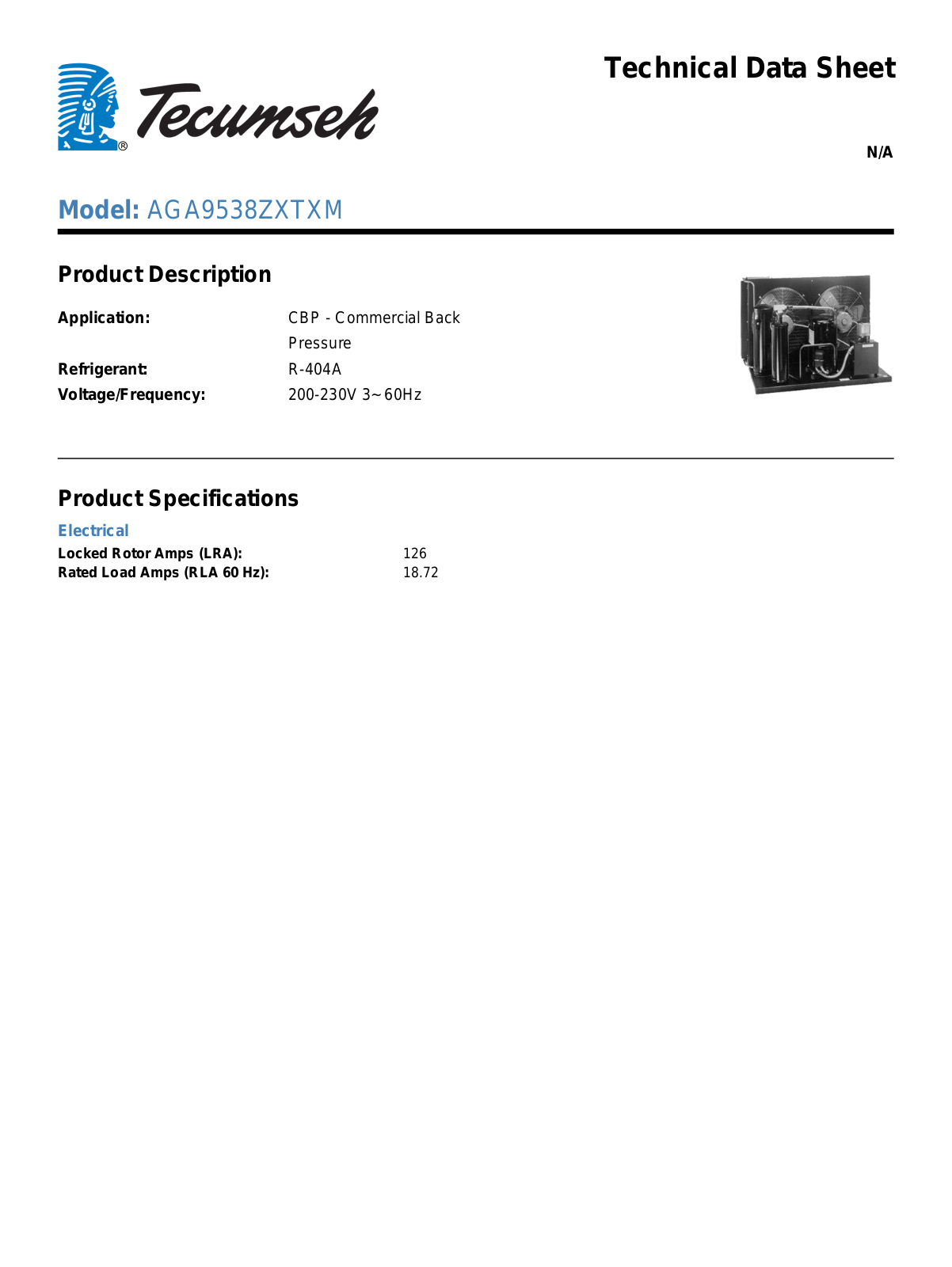 Tecumseh AGA9538ZXTXM Technical Data Sheet