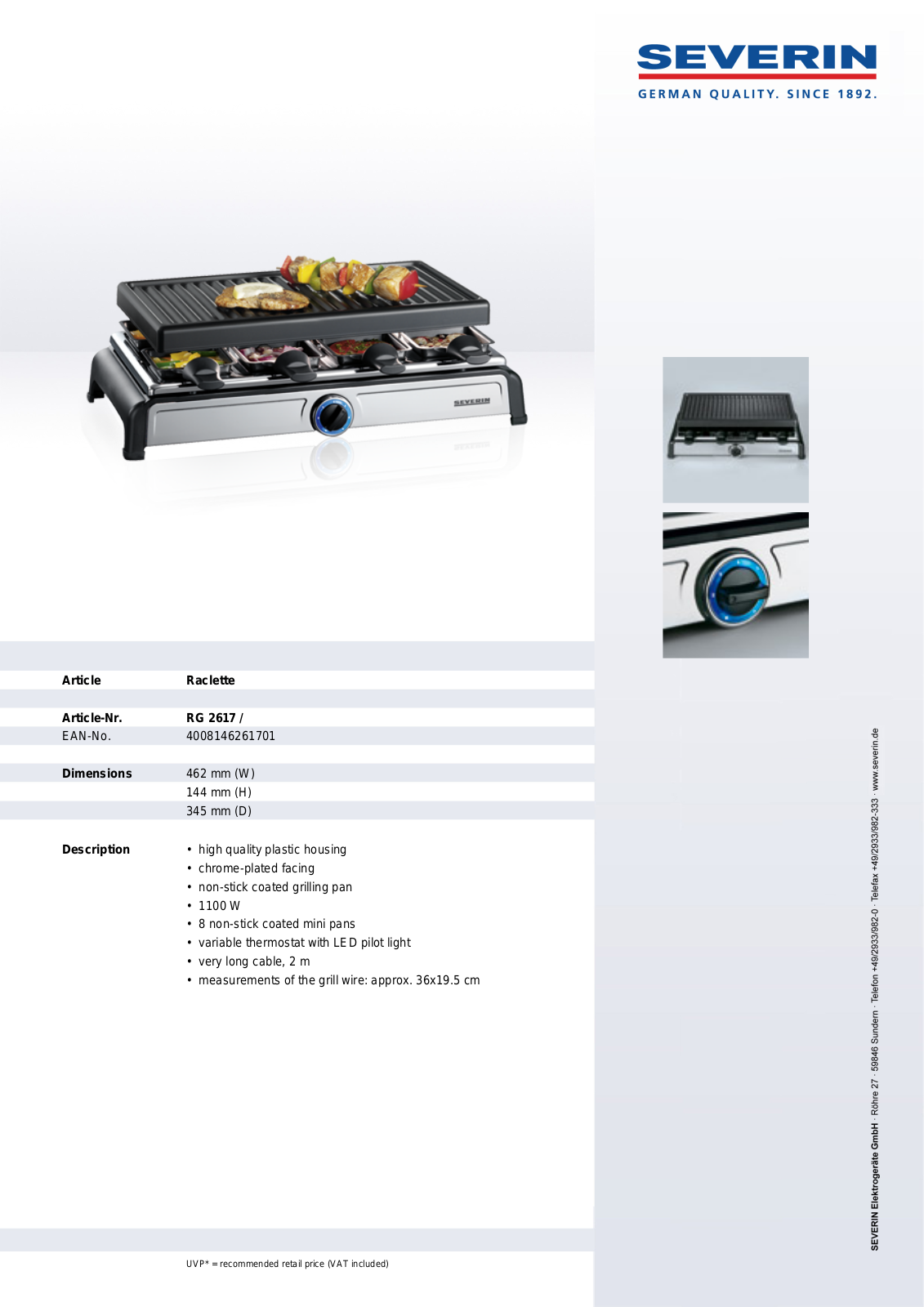 Severin RG 2617, RACLETTE User Manual