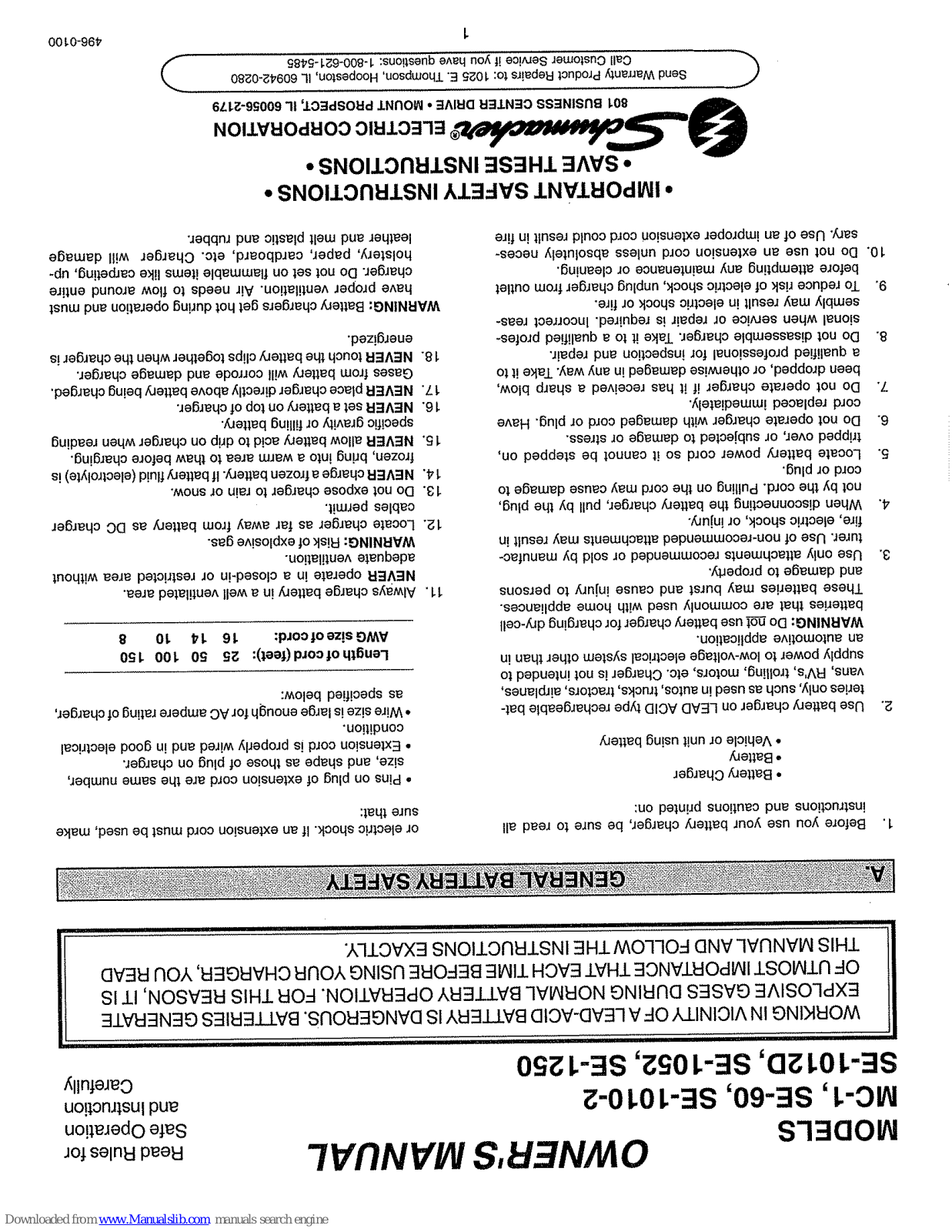 Schumacher MC-1,SE-60,SE-1010-2,SE-1012D,SE-1052,SE-1250 Owner's Manual