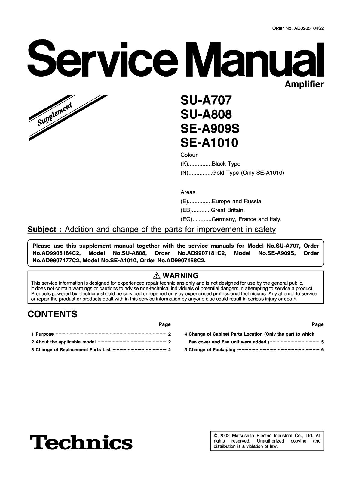 Technics SEA-1010, SEA-909-S, SUA-707, SUA-808 Service manual