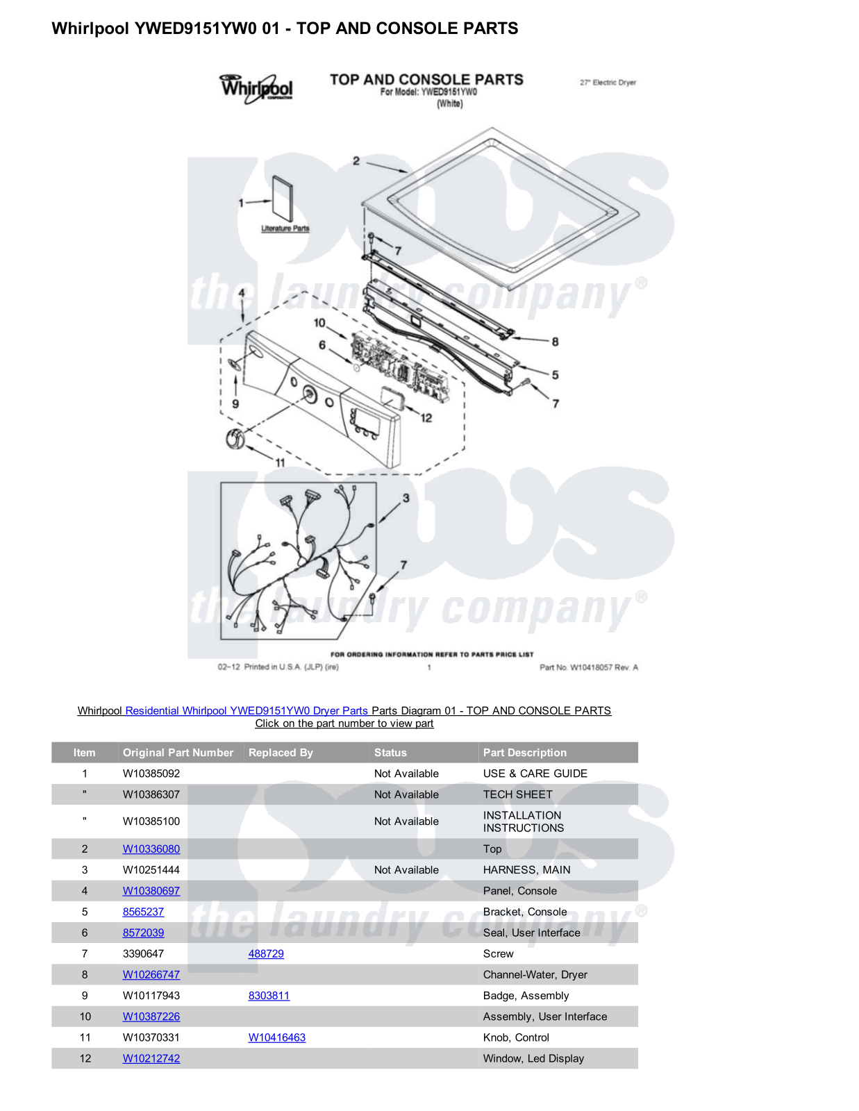 Whirlpool YWED9151YW0 Parts Diagram