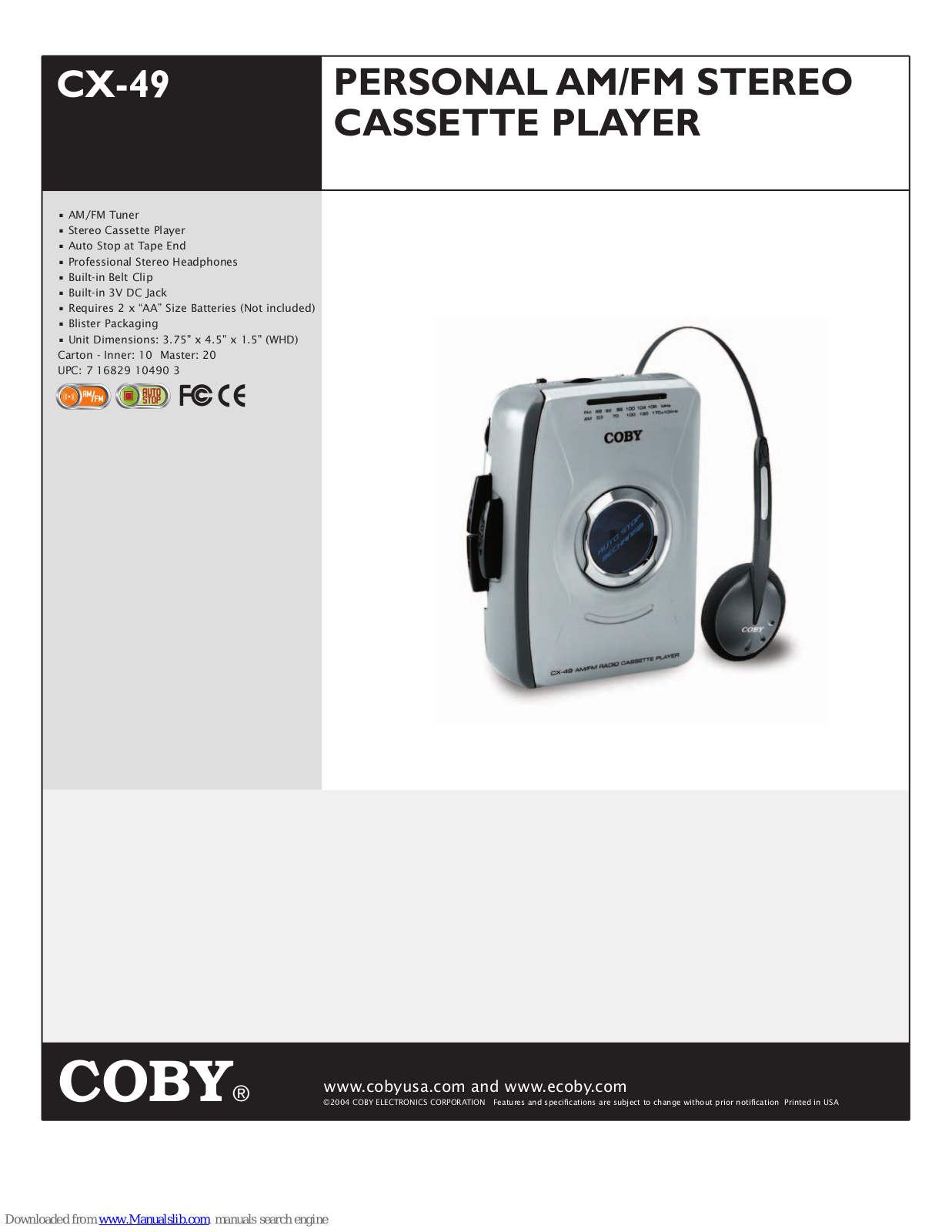 Coby CX-49 - Radio / Cassette Player Specifications