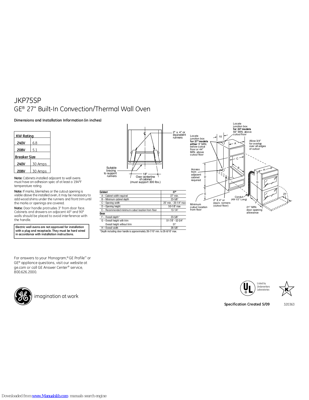 GE JKP75SPSS Dimensions And Installation Information