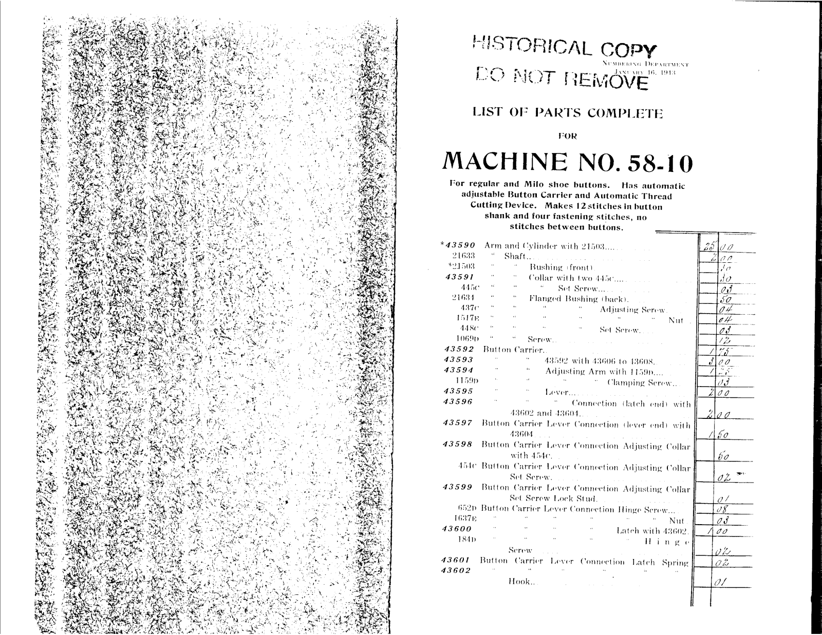 SINGER 58-10 Parts List