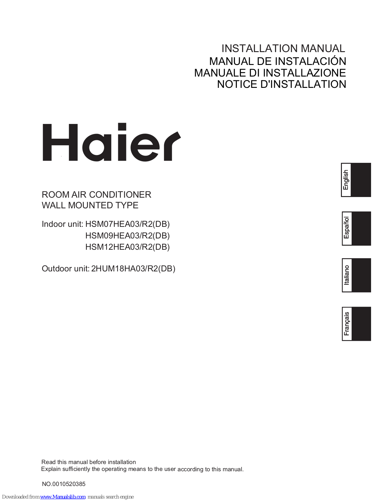 Haier HSM07HEA03/R2(DB) Installation Manual