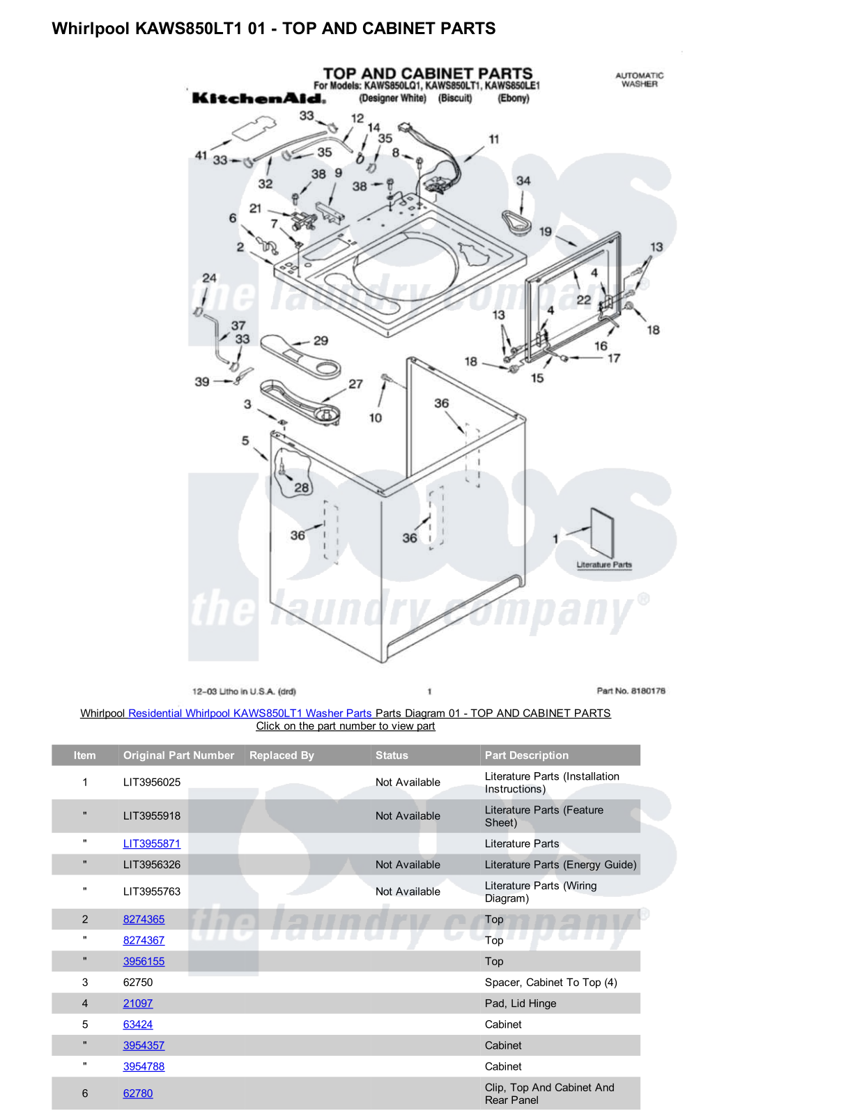 Whirlpool KAWS850LT1 Parts Diagram