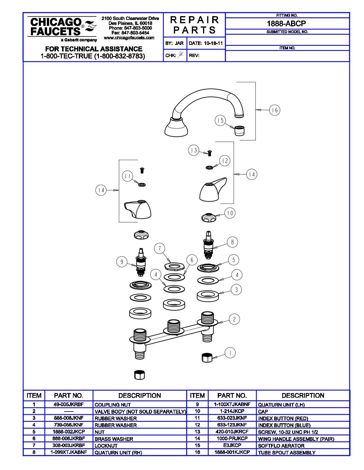 Chicago Faucet 1888-AB Parts List