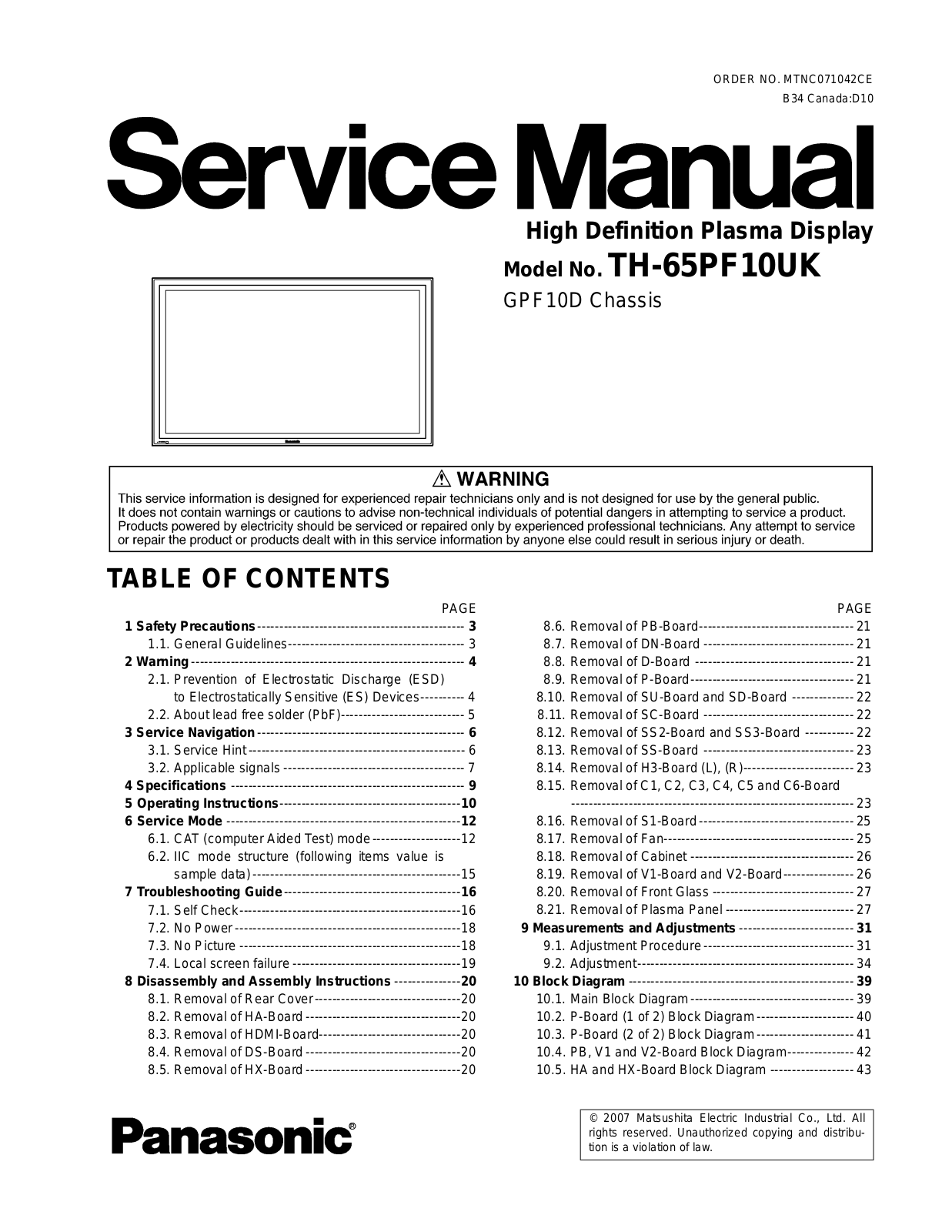 Panasonic TH-65PF10UK Service manual