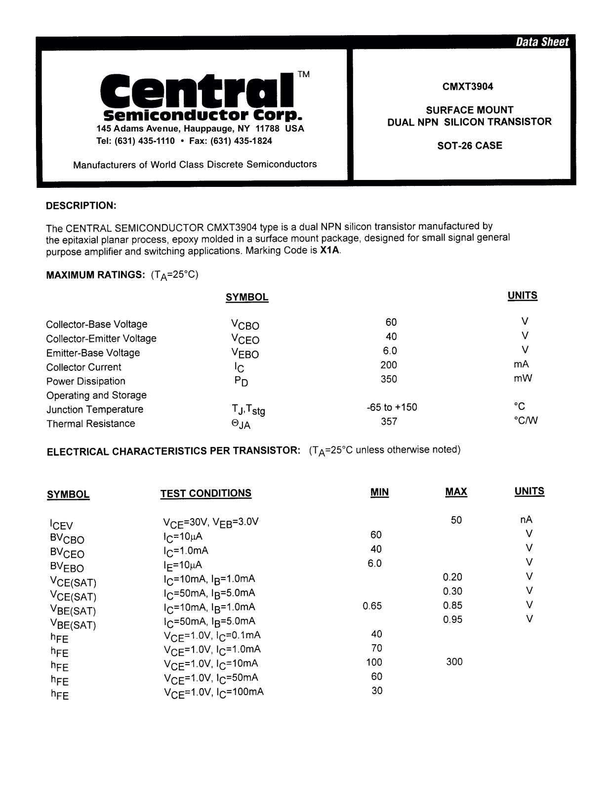 CENTR CMXT3904 Datasheet