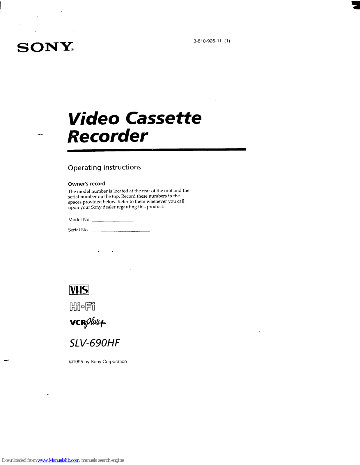 Sony SLV-690HF Primary Operating Instructions Manual