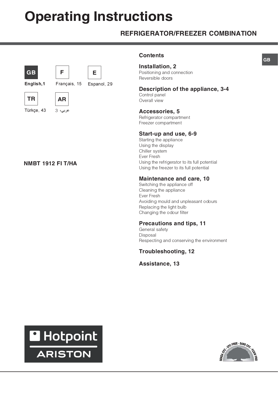 Hotpoint NMBT 1912 FI T/HA User Manual