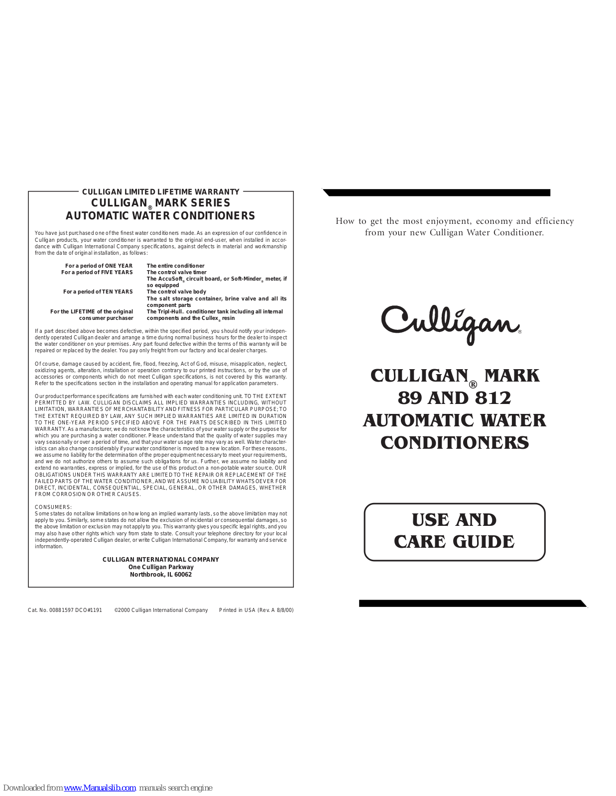 Culligan Mark 89, Mark 812 Use And Care Manual