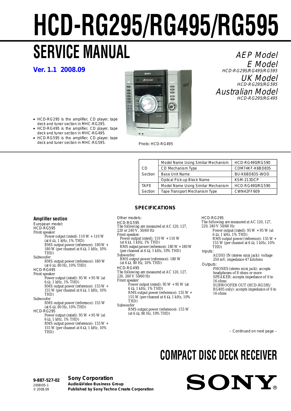 Sony HCD-RG295, HCD-RG495, HCD-RG595 Service Manual