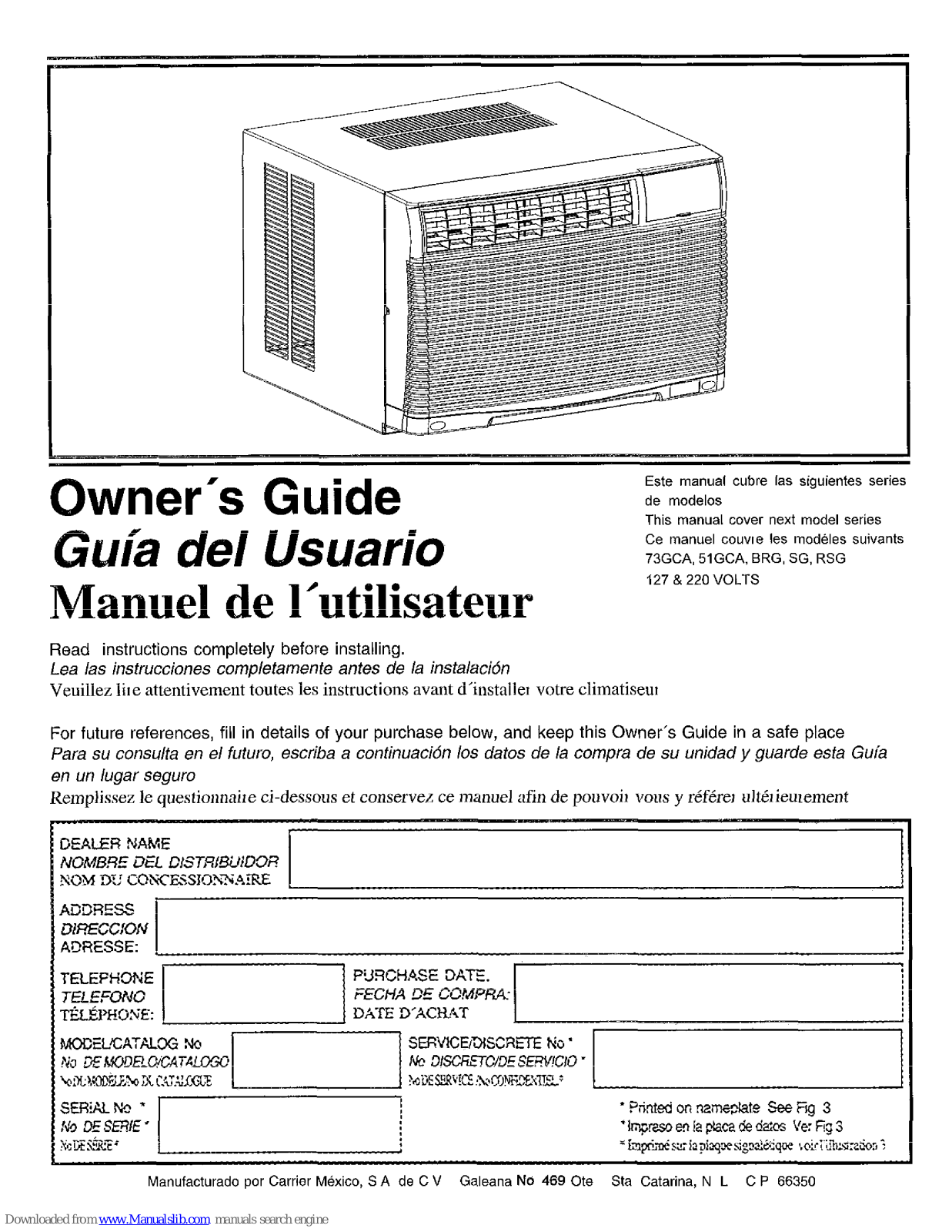 Carrier 73GCA Series, 51GCA Series, BRG Series, SG Series, RSG Series Owner's Manual