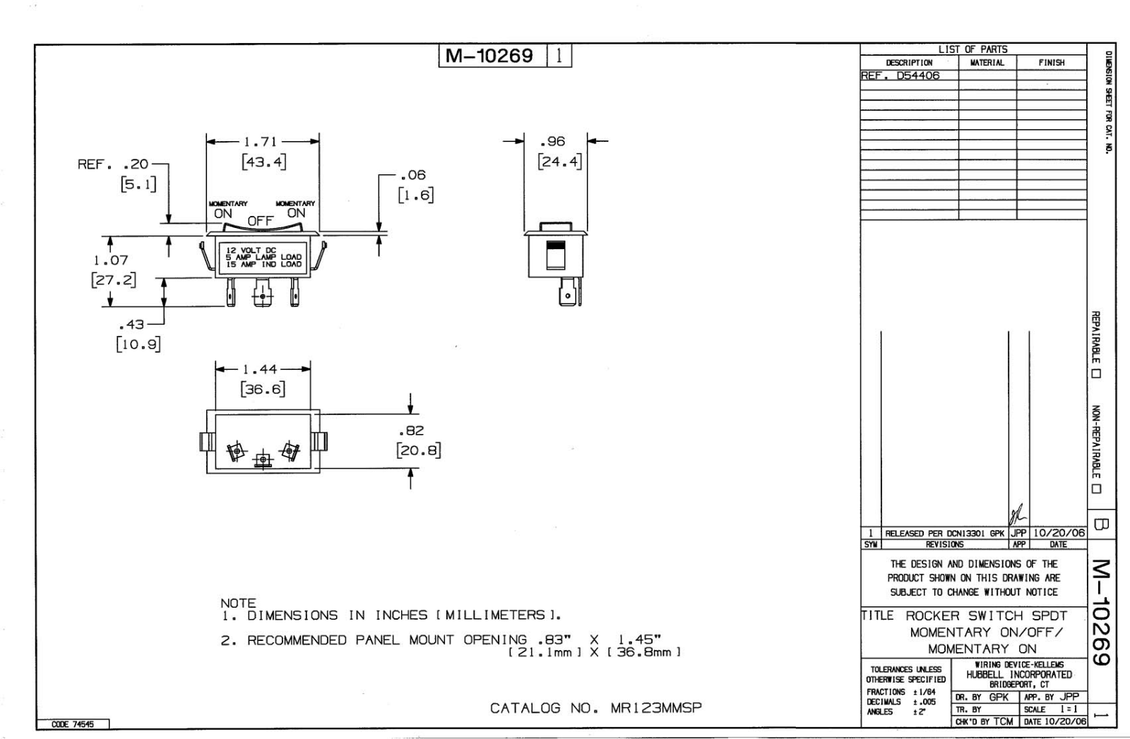 Hubbell MR123MMSP Reference Drawing